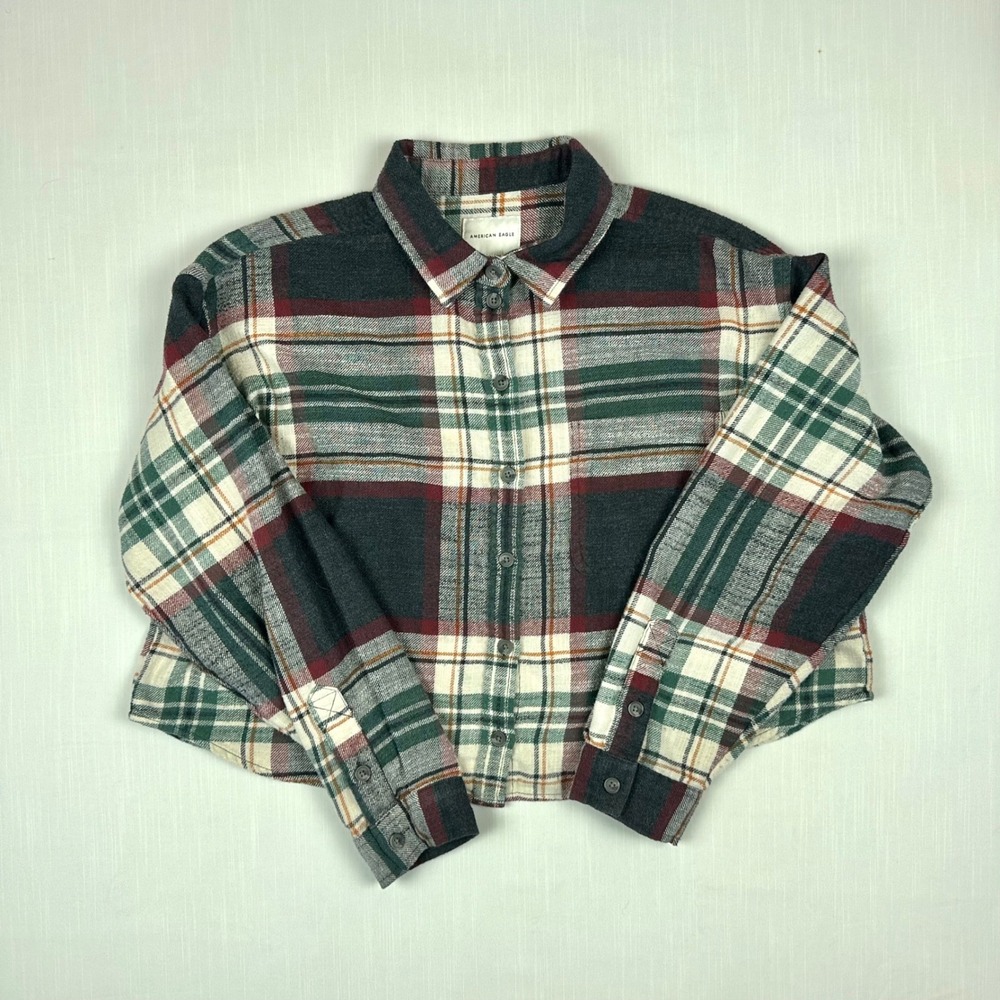 American Eagle Women Large Plaid Flannel Cropped Button Down Shirt Green Red